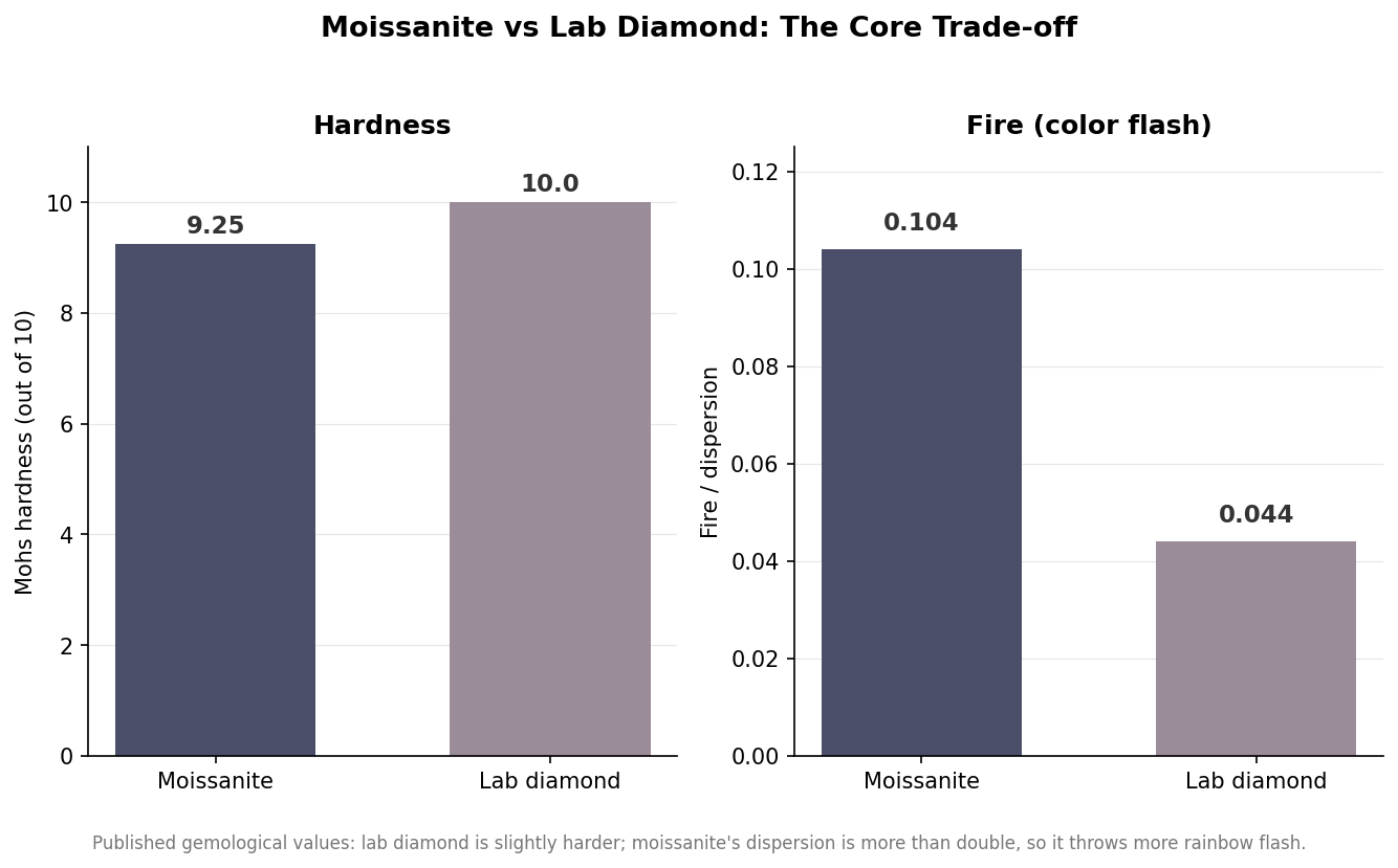 Two bar charts comparing moissanite and lab diamond on Mohs hardness and fire dispersion